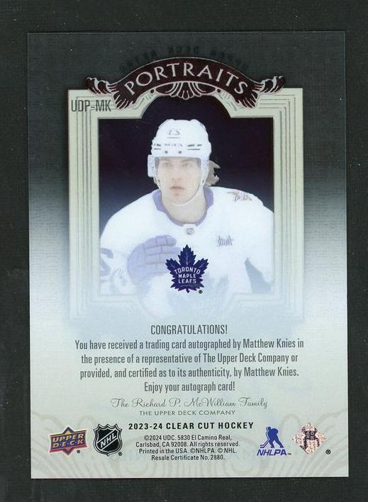 2023 Upper Deck Clear Cut Matthew Knies Portraits VG Toronto Maple Leafs Auto