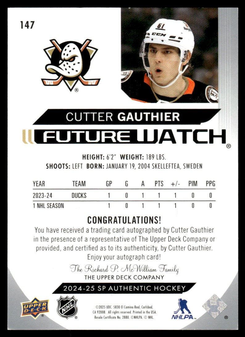 2024 Upper Deck SP Authentic 147 Cutter Gauthier Future Watch /199 Ducks Auto