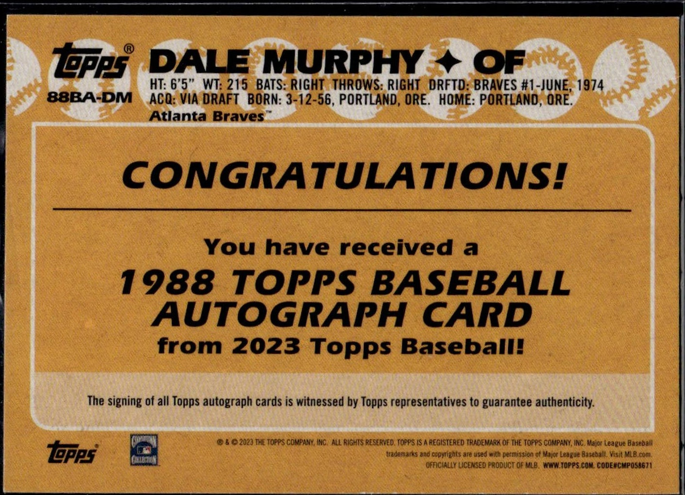 2023 Topps #88BA-DM Dale Murphy Auto Atlanta Braves