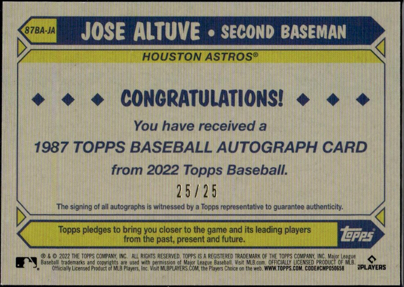 2022 Topps #87BA-JA JOSE ALTUVE 1987 Topps Baseball Autograph 25/25