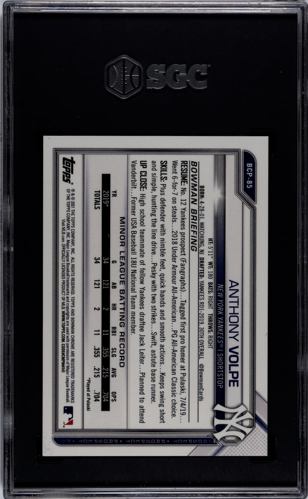 2021 Bowman Chrome Fuchsia Shimmer Refractor Anthony Volpe #BCP-85 /199 SGC 10