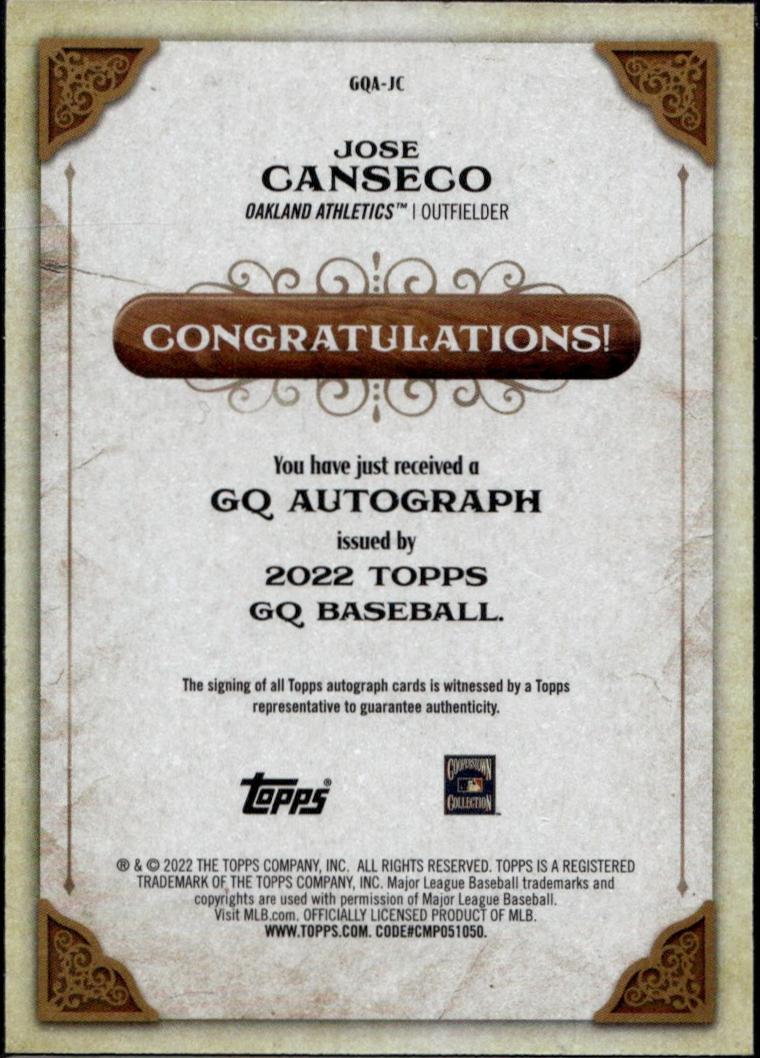 2022 Topps GQ #GQA-JC Jose Canseco GQ Autograph Oakland Athletics