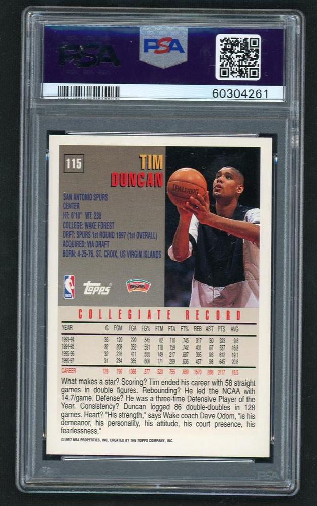 1997 Topps Tim Duncan #115 PSA 9