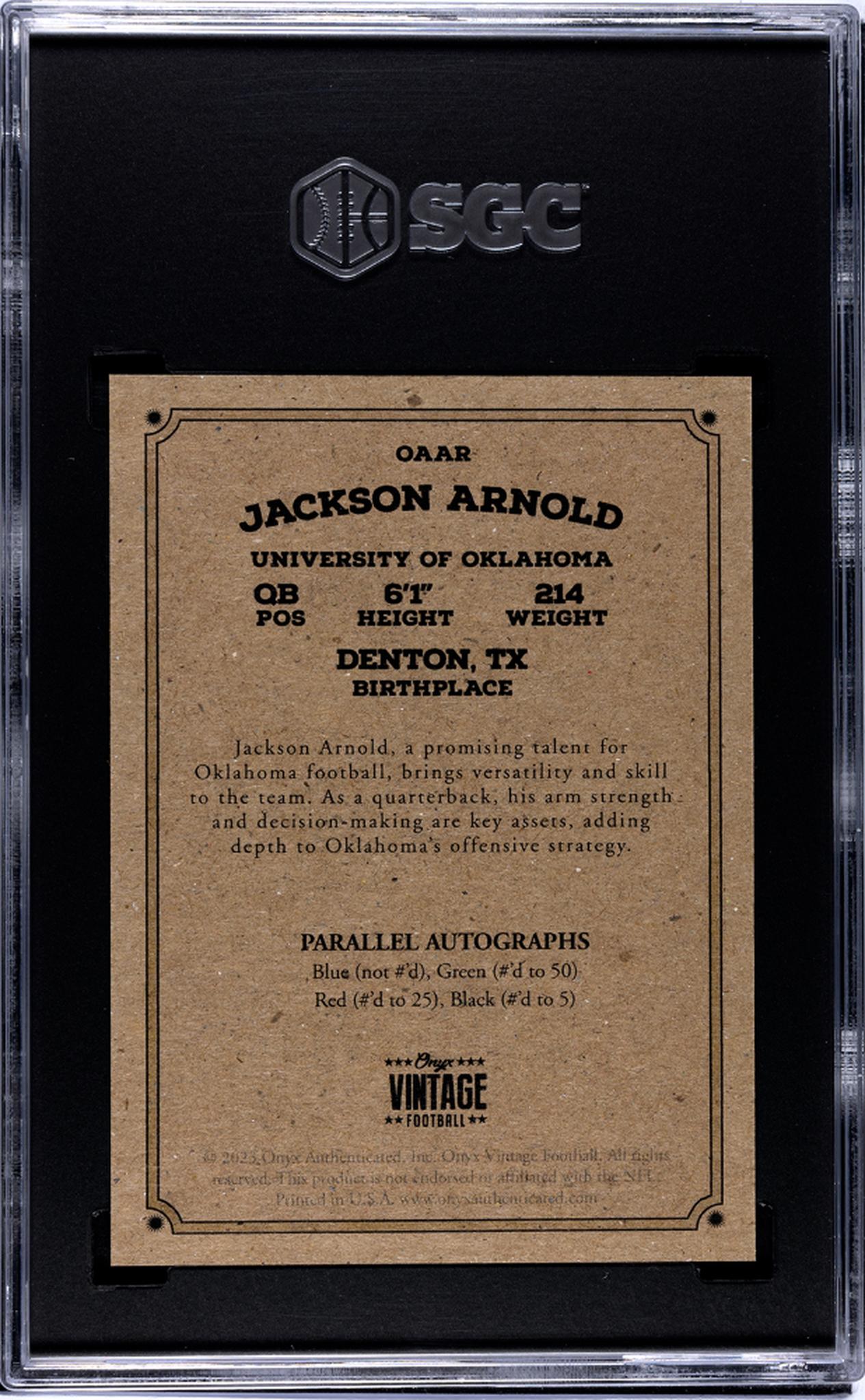 2023 Onyx Vintage Football Blue Ink Jackson Arnold #OAAR Auto SGC 10 Auto 10