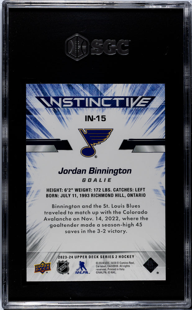 2023-24 Upper Deck #IN-15 Jordan Binnington Instinctive SGC 10