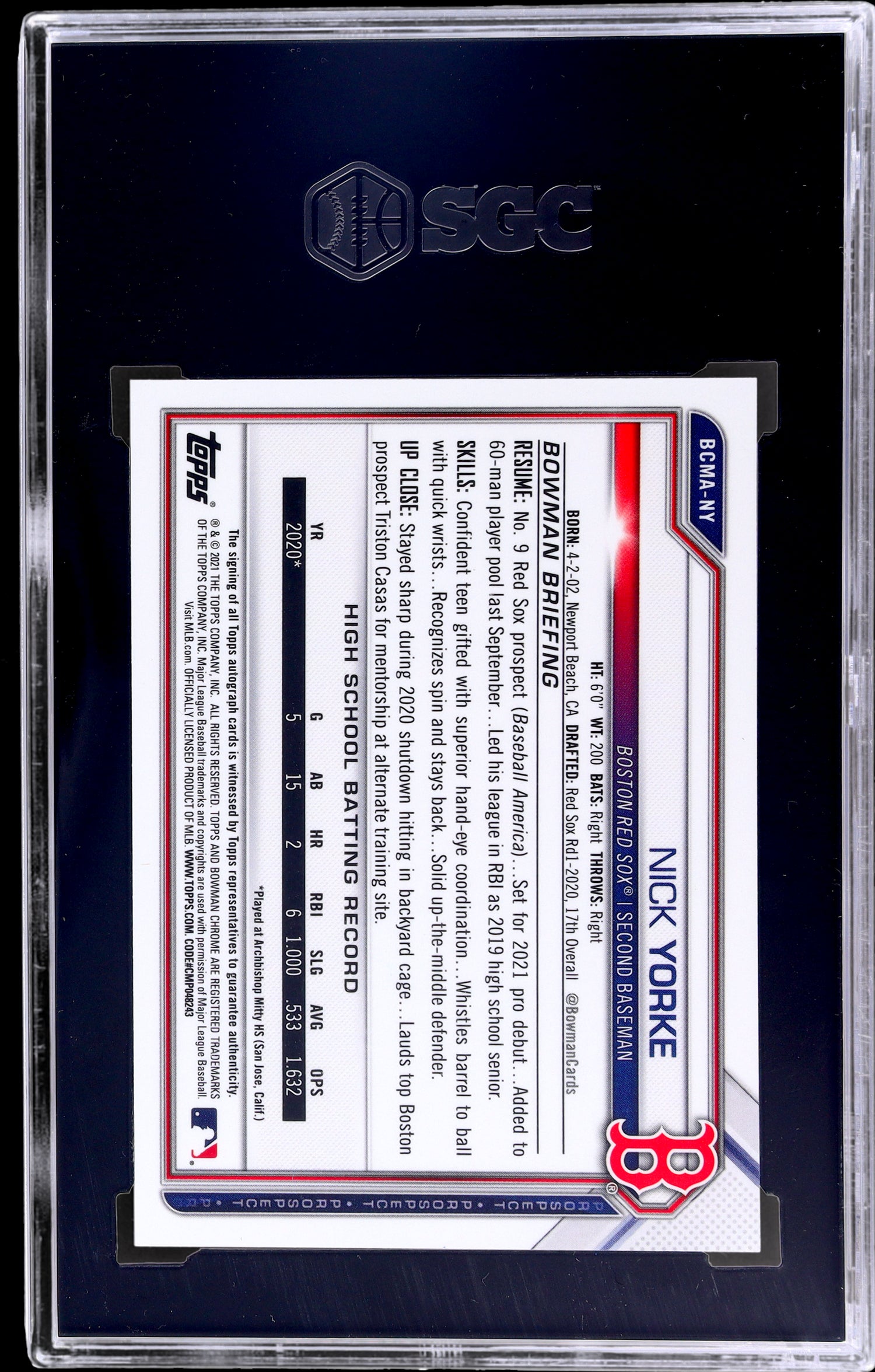 2021 Bowman Chrome Mega Nick Yorke #BCMA-NY Auto SGC 10/10
