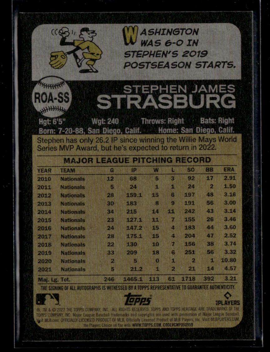 2022 Topps Heritage ROA-SS Stephen Strasburg Topps Certified Autograph Issue Washington Nationals