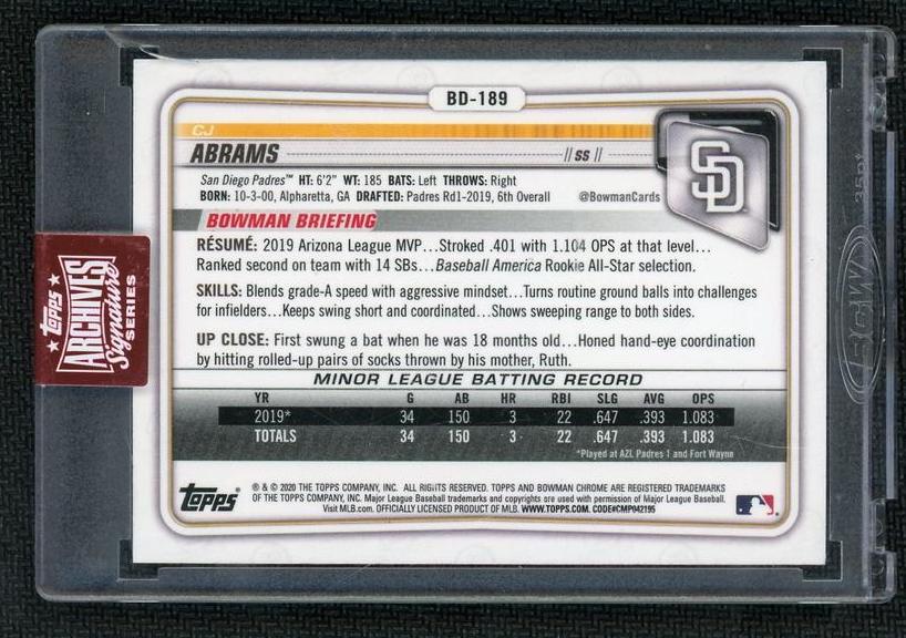 2021 Bowman Chrome BD-189 CJ Abrams Archives Signature Series Rookie /33 San Diego Padres Auto