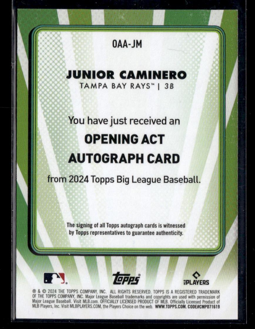2024 Topps Big League OAA-JM Junior Caminero Opening Act Autograph Card Rookie Tampa Bay Rays
