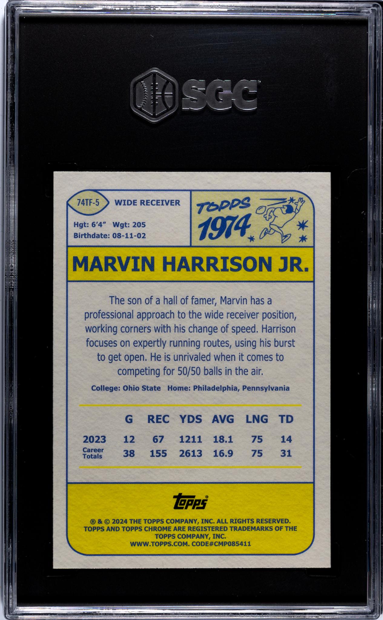 2024 Topps Chrome '74 Design Marvin Harrison Jr. #74TF-5 RC SGC 9