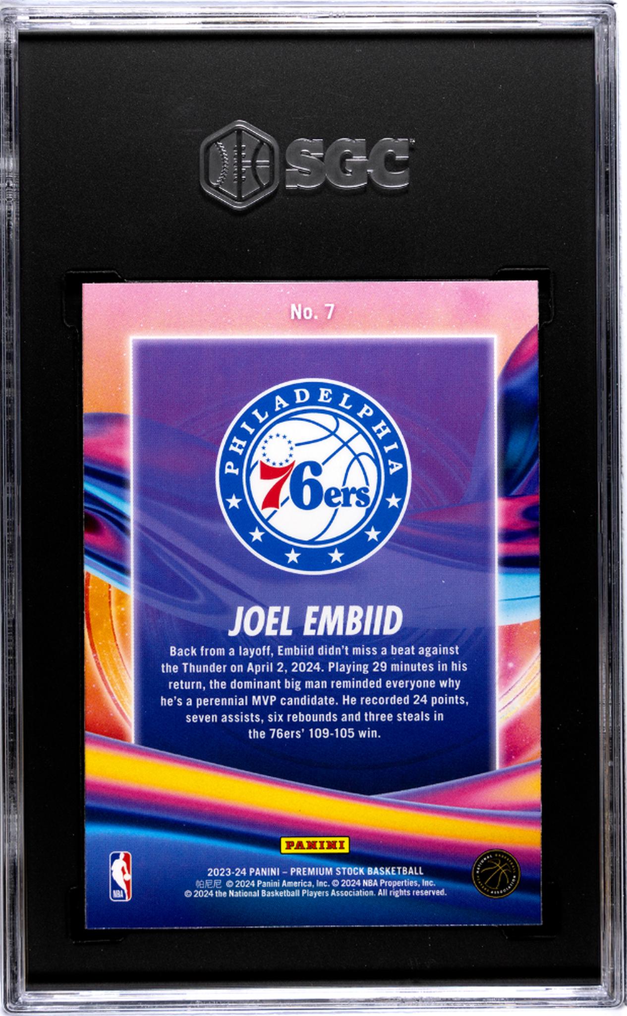 2023-24 Panini Hoops Premium Stock #7 Joel Embiid Anti Gravity SGC 10