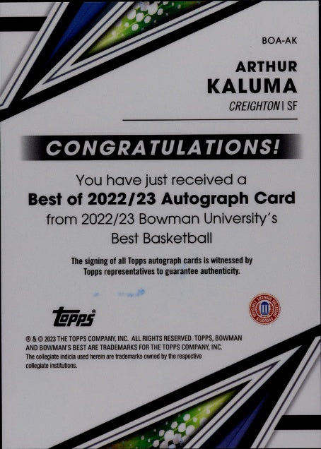 2022-23 Bowman University Best #BOA-AK Arthur Kaluma Best of '22-'23, Auto. SGC 8