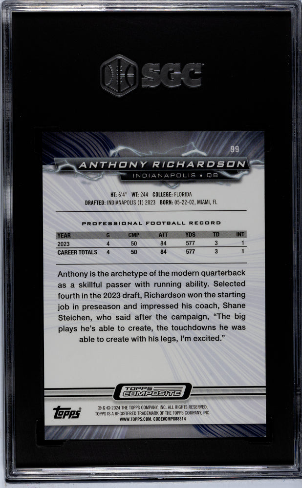 2023 Topps Composite #99 Anthony Richardson Resurgence Purple Surge Refractor 19/99 SGC 10