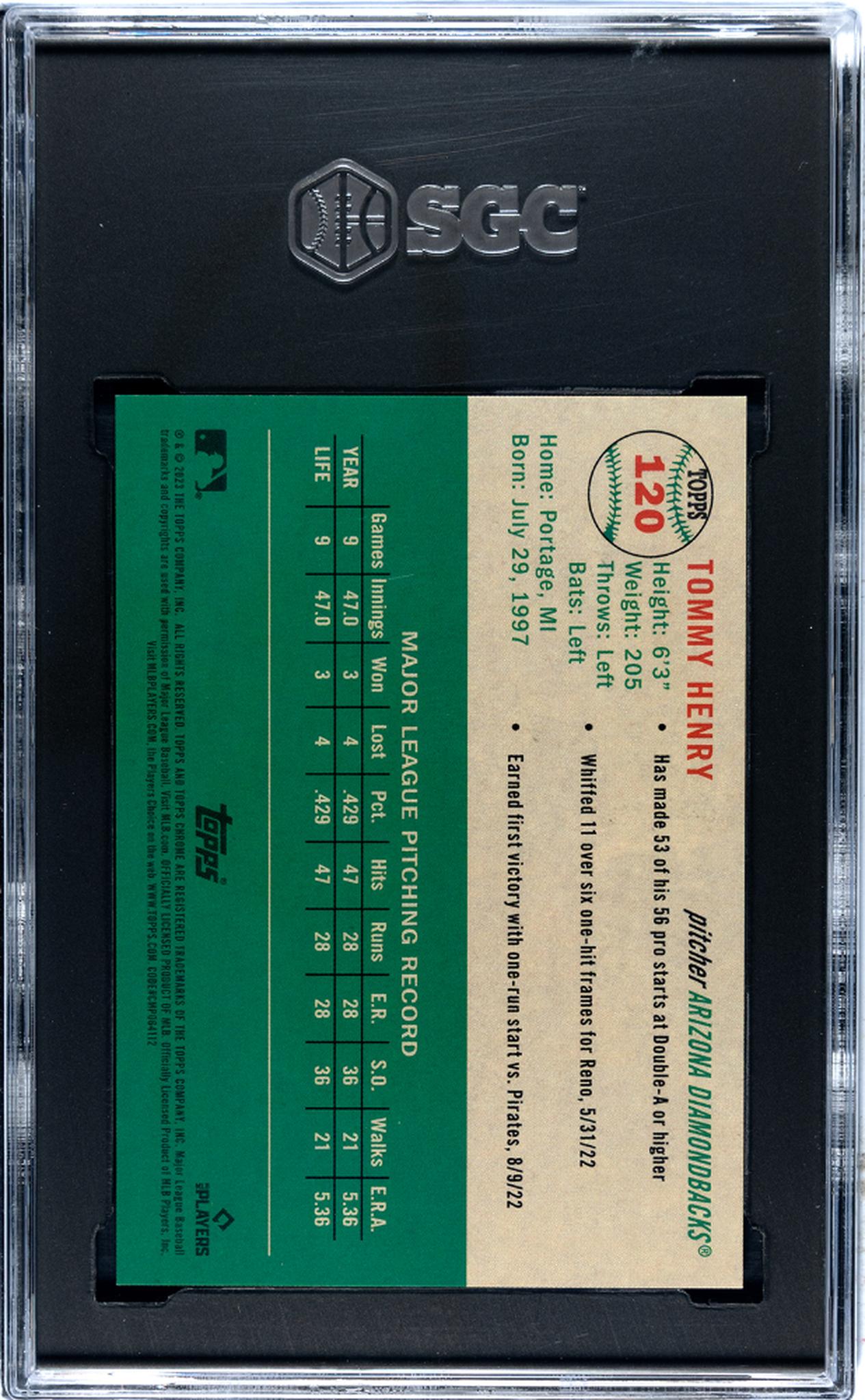 2023 Topps Chrome Platinum Anniv Topps Refractor Tommy Henry #120 RC /499 SGC 10
