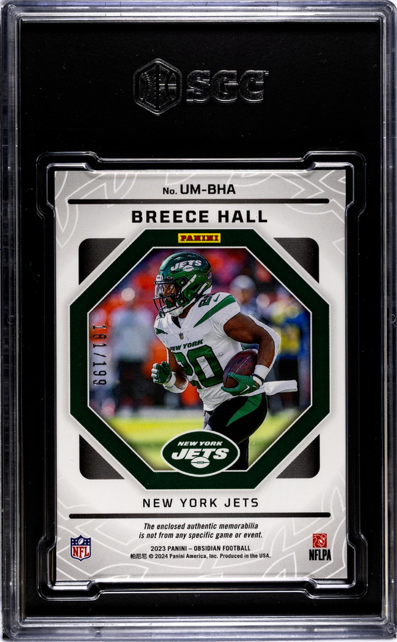 2023 Panini Obsidian #UM-BHA Breece Hall Unbreakable Mat. /199 SGC 9.5