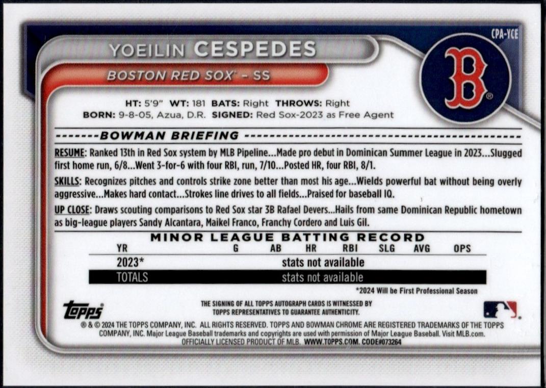 2023 Bowman Chrome #CPA-YCE Yoelvin Cespedes Rookie Auto Boston Red Sox