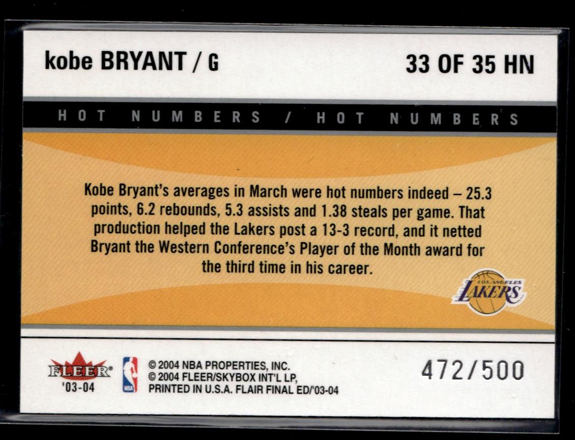 2003 Flair Final Edition Hot Numbers Kobe Bryant #33 HN /500