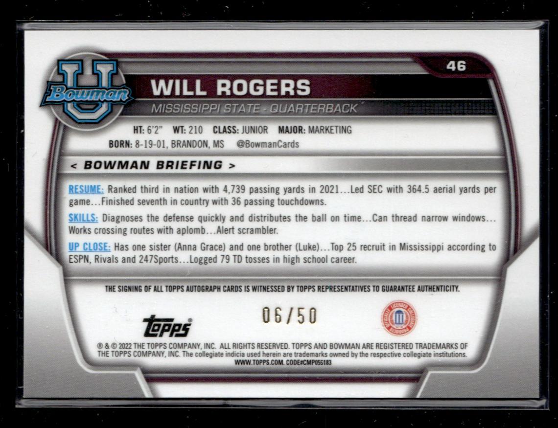 2022 Bowman U Gold Will Rogers #46 Auto /50