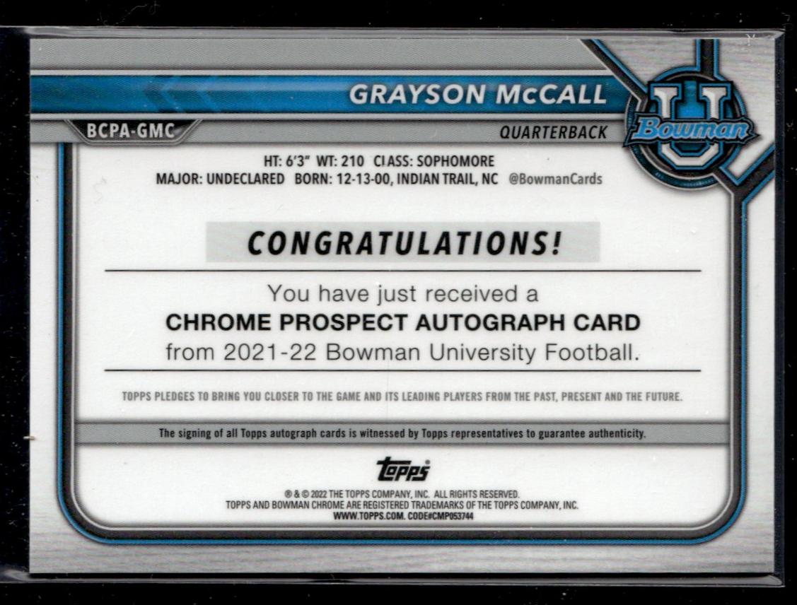 2022 Bowman Chrome Red Grayson McCall #BCPA-GMC Auto /25