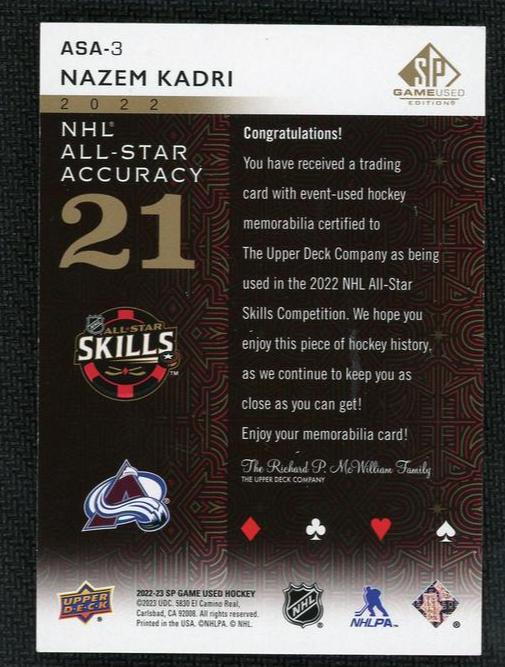 2022 Upper Deck SP Game Used ASA-3 Nazem Kadri NHL All-Star Accuracy /25 Colorado