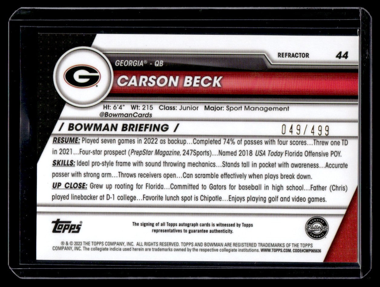 2023 Bowman Chrome 44 Carson Beck Refractor /499 Georgia Auto