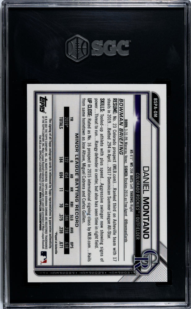 2021 Bowman Chrome Sapphire #BSPA-DM Daniel Montano Prospect Auto. Aqua Refractor 35 SGC 9.5