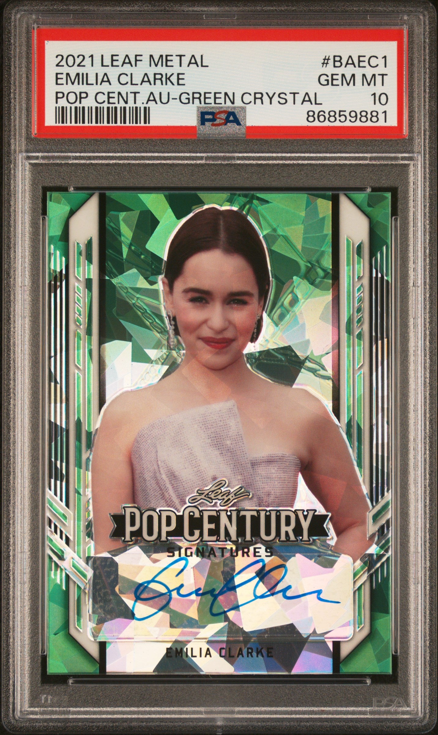 2021 Leaf Metal Pop Century Green Crystal Emilia Clarke #BAEC1 Auto 2/2 PSA 10