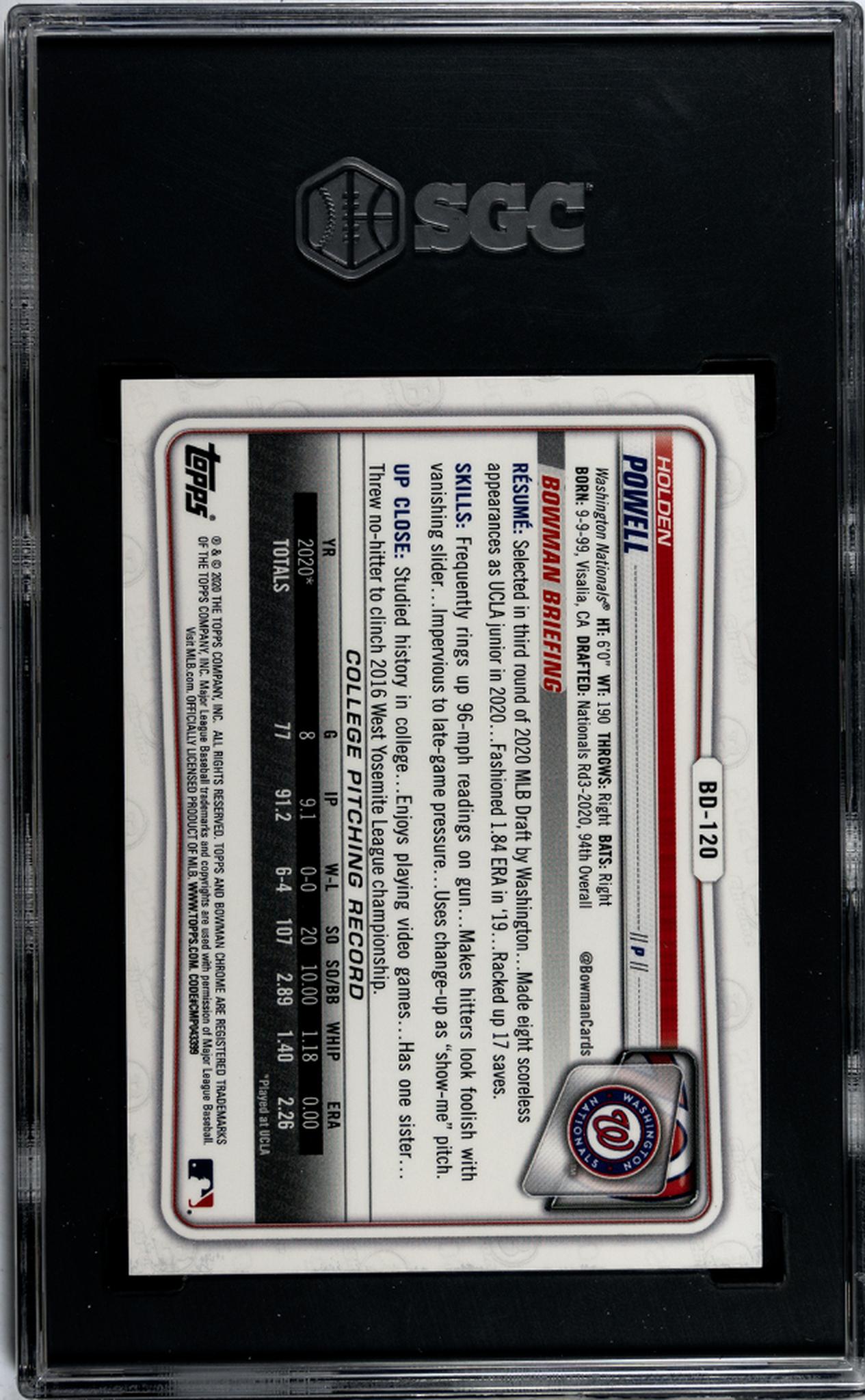 2020 Bowman Chrome #BD-120 Holden Powell Draft Sapphire /99 SGC 10