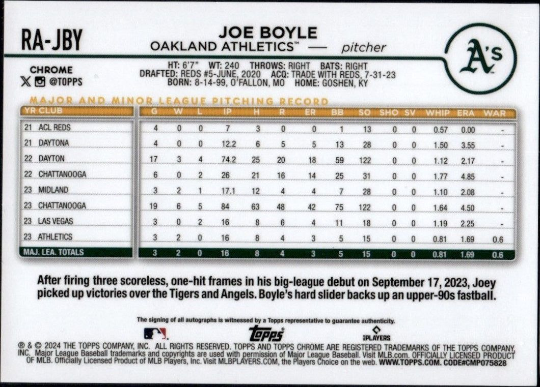 2024 Topps Chrome #RA-JBY Joe Boyle Green Rookie /99 Auto Oakland Athletics