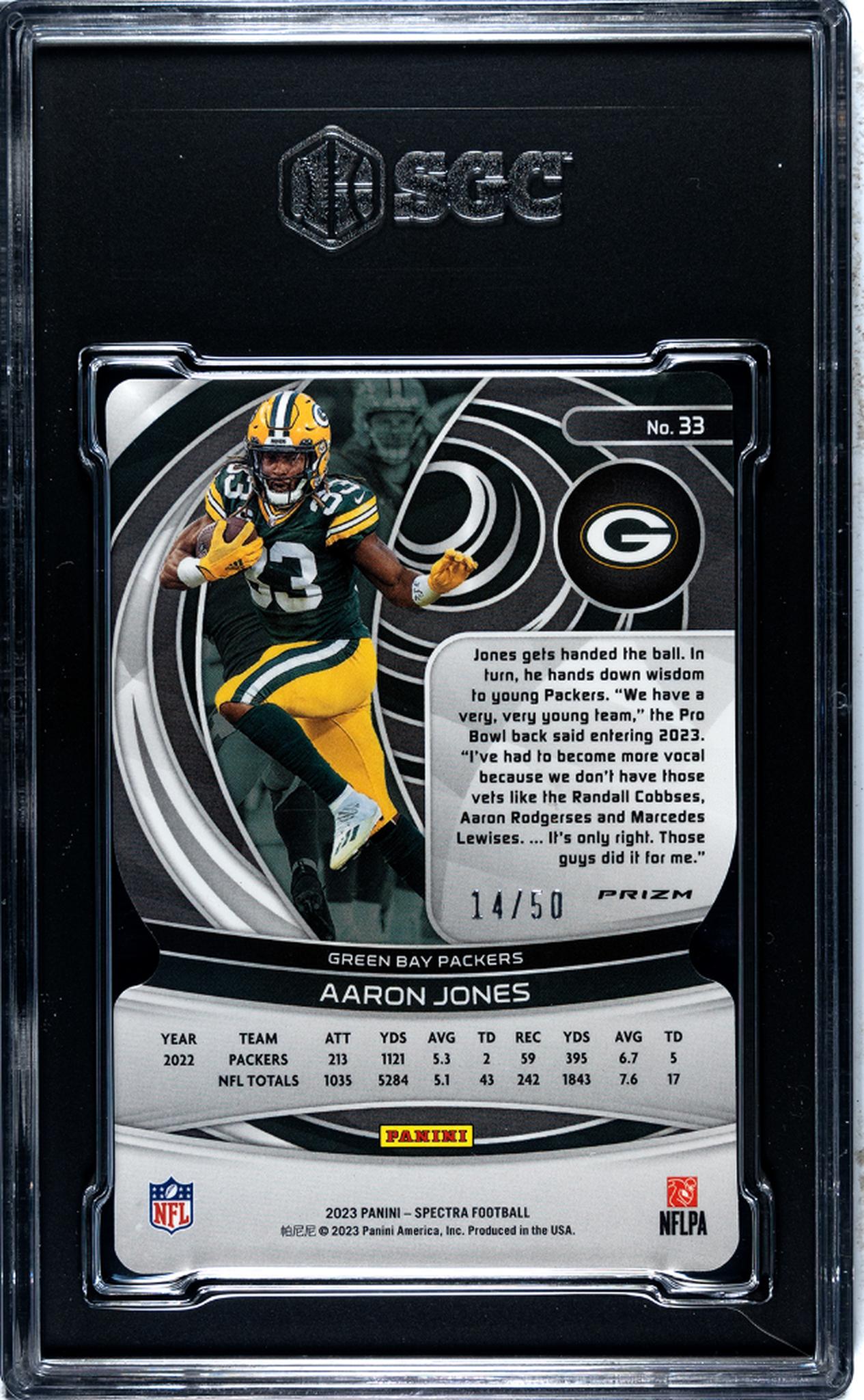 2023 Panini Spectra #33 Aaron Jones Neon Blue Die-Cut Prizm 14/50 SGC 9.5