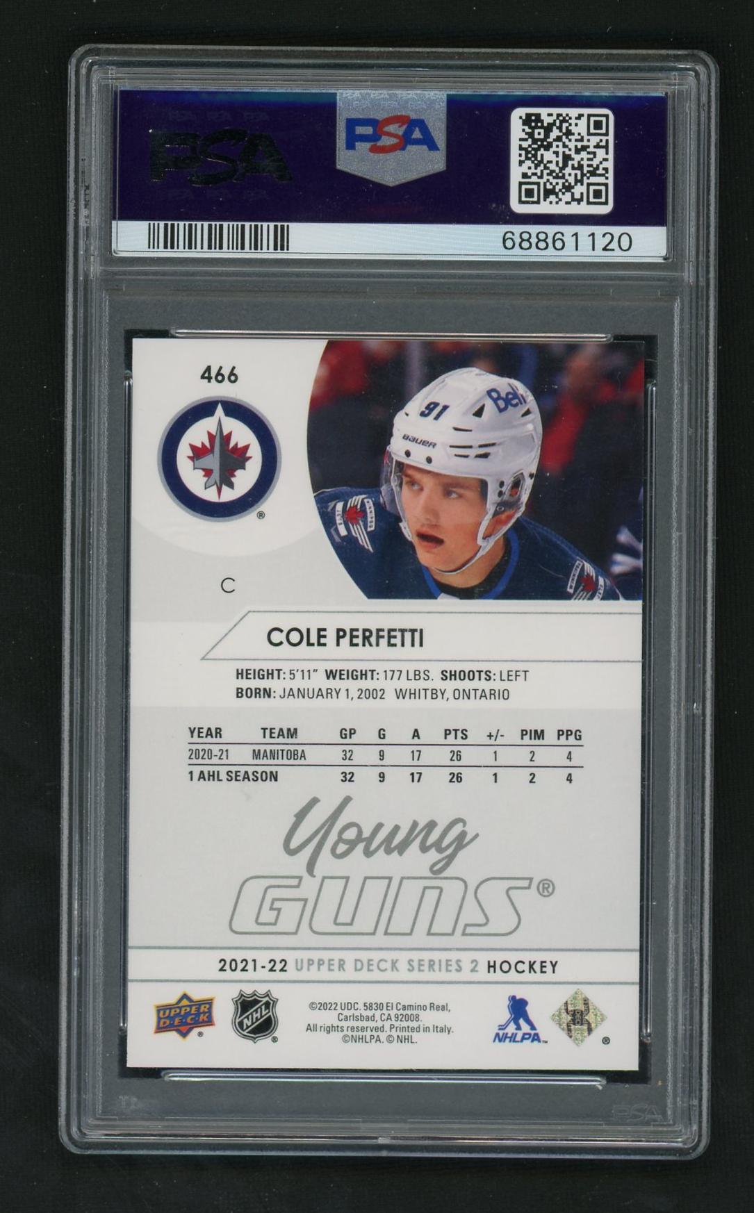 2021 Upper Deck Young Guns Cole Perfetti #466 PSA 10