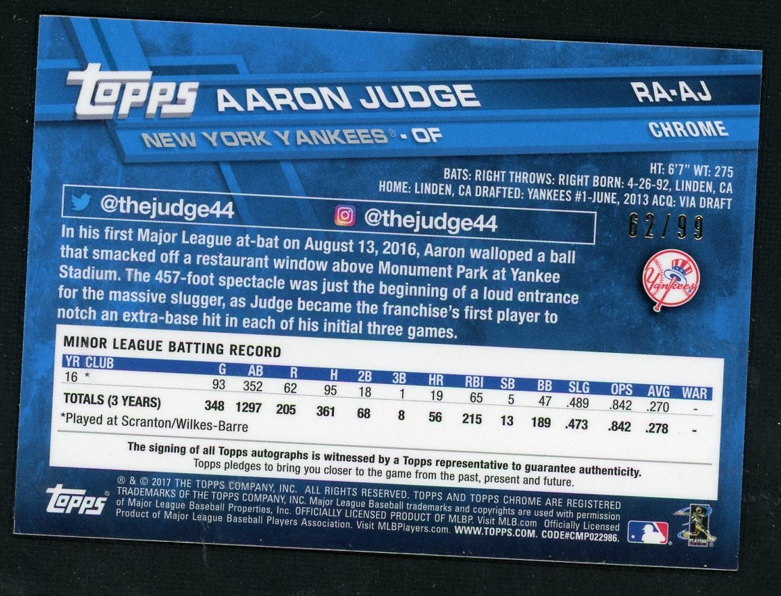 2017 Topps Chrome RA-AJ Aaron Judge Rookie /99 New York Yankees Auto