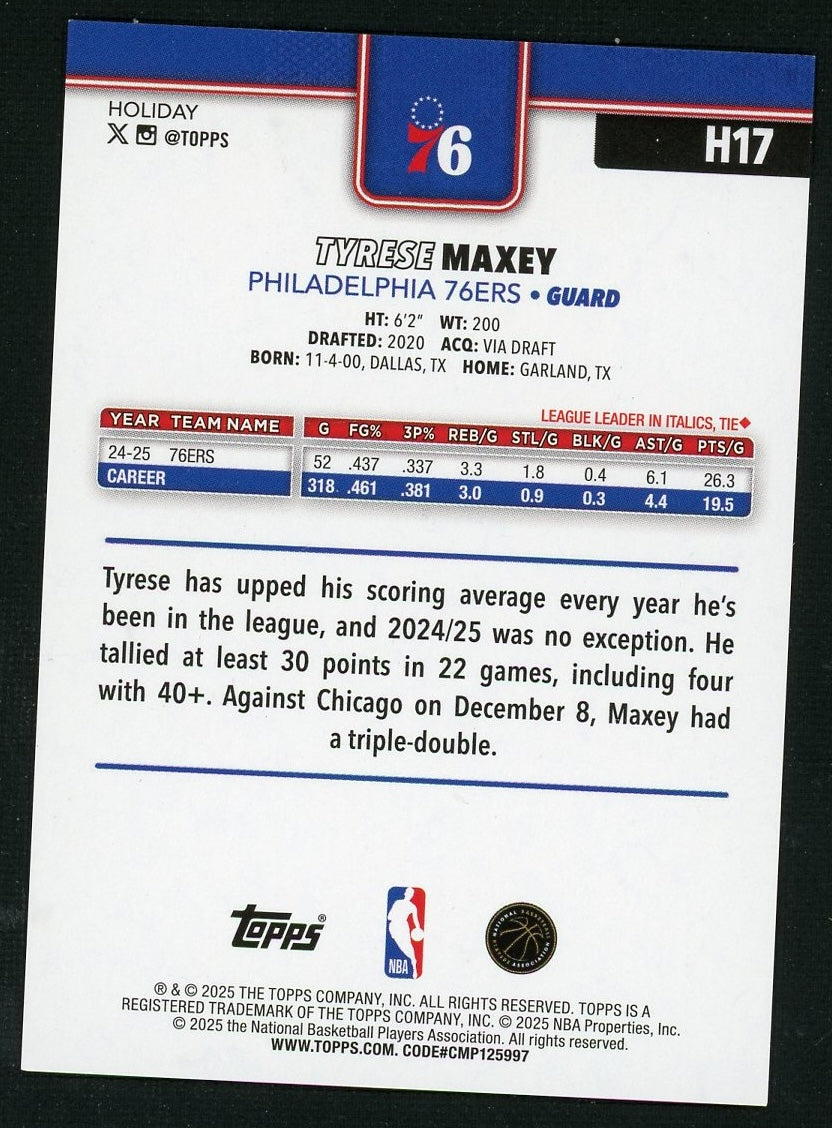 2025 Topps H17 Tyrese Maxey Holiday 5/5 Philadelphia 76ers