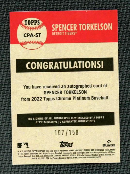 2022 Topps Chrome CP-PA-ST Spencer Torkelson Rookie /150 Detroit Tigers Auto