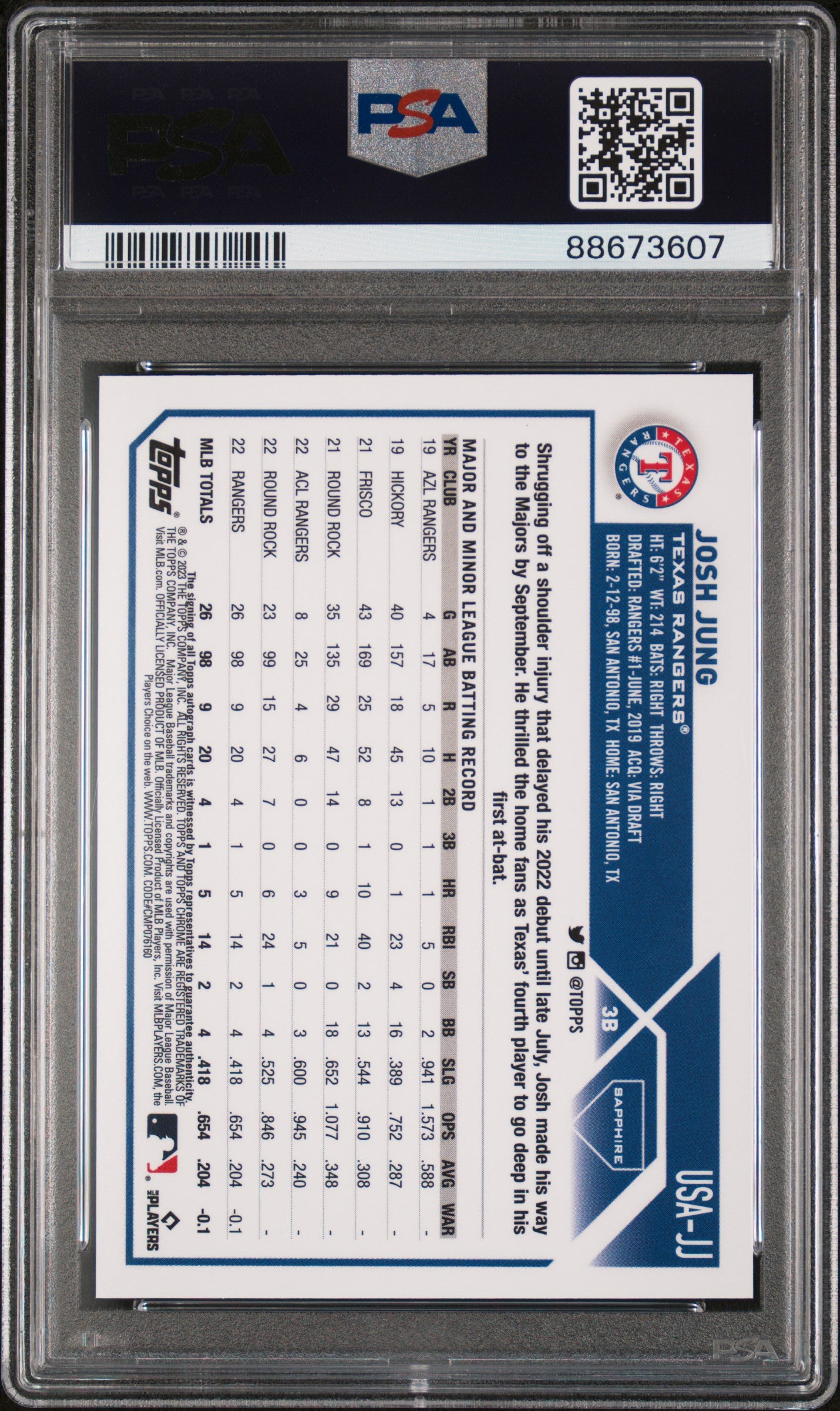 2023 Topps Chrome Update Sapphire Autographs Josh Jung #USAJJ /199 PSA 10