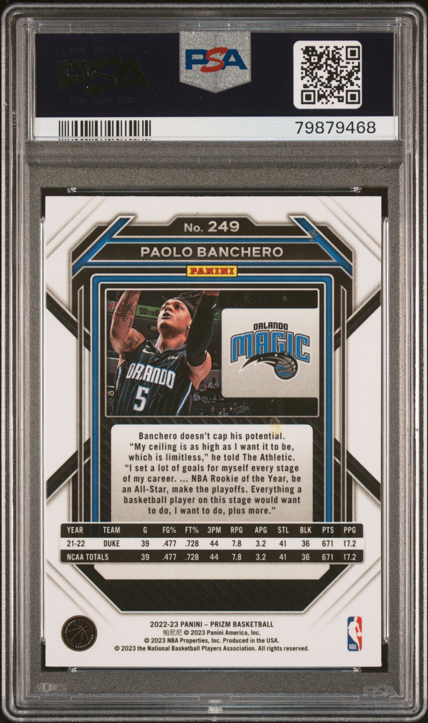 2022 Panini Prizm #249 Paolo Banchero PSA 9