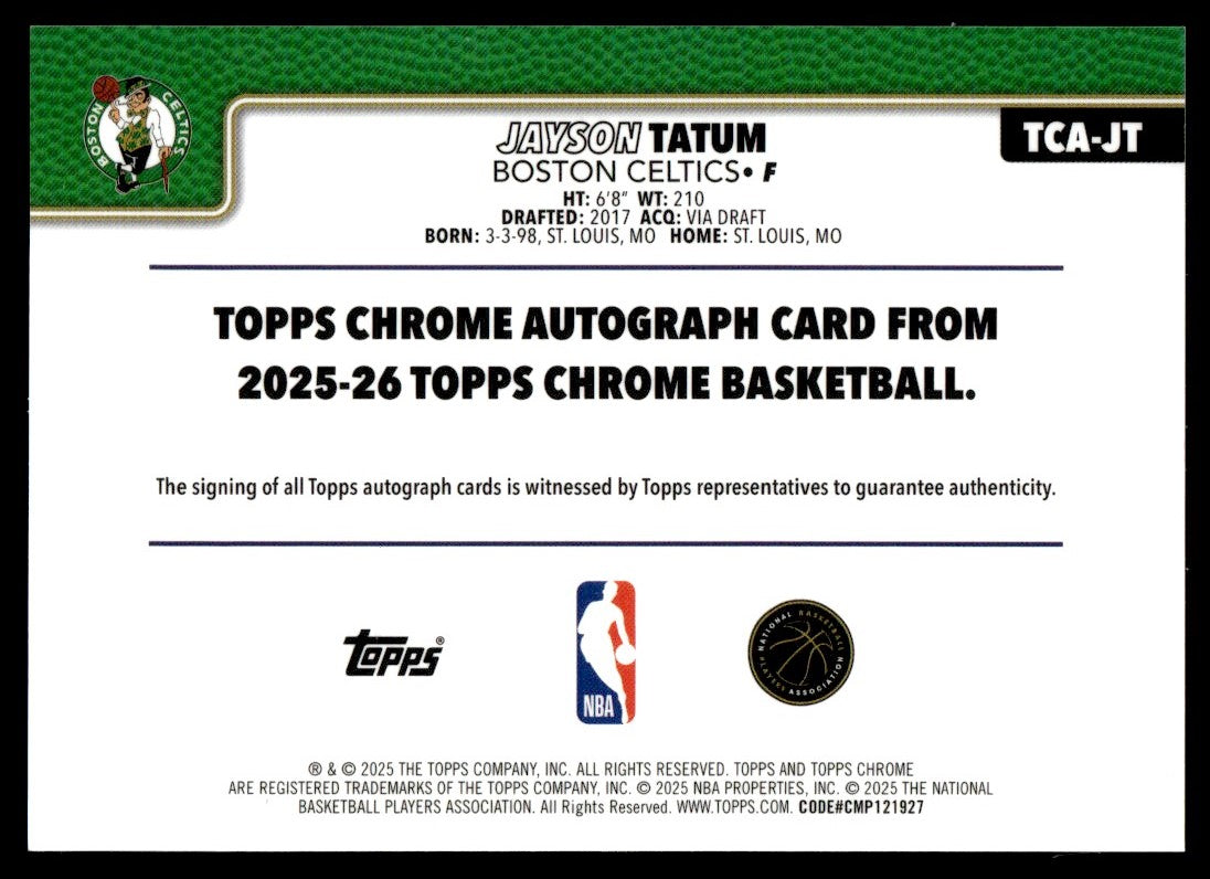 2025 Topps Chrome TCA-JT Jayson Tatum Boston Celtics Auto