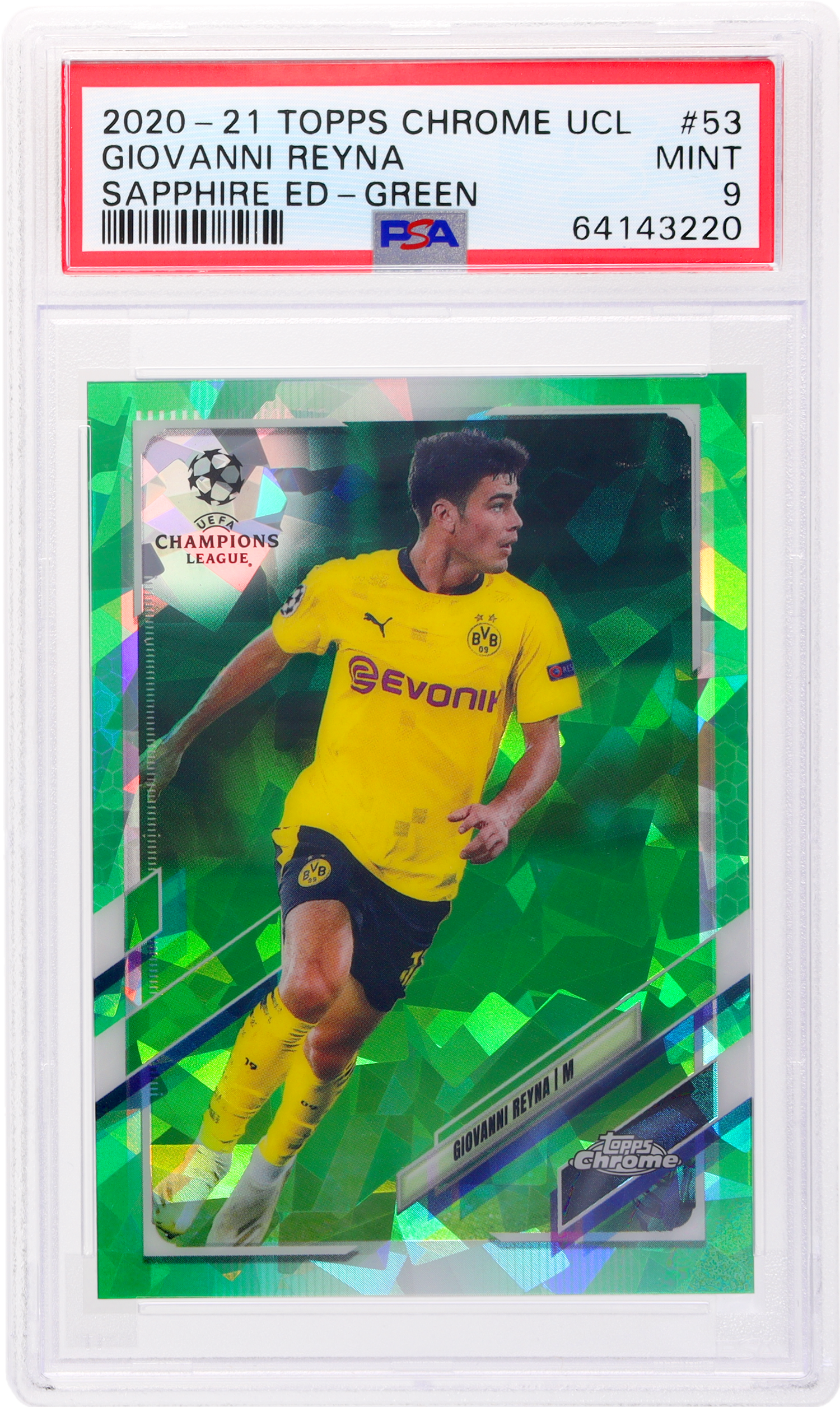 2020 Topps Chrome Sapphire UEFA Champions League #53 Giovanni Reyna Green /75 PSA 9