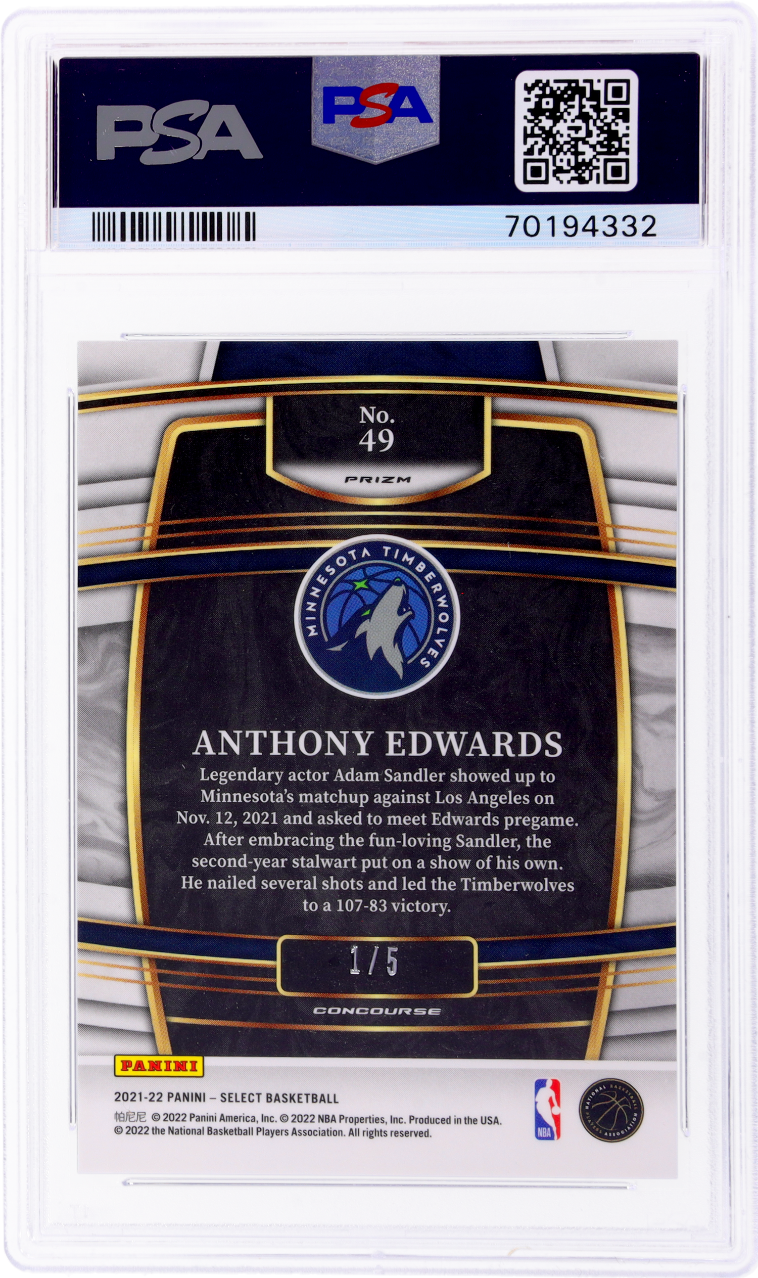 2021 Panini Select Green Prizm Anthony Edwards #49 Concourse 1/5 PSA 7