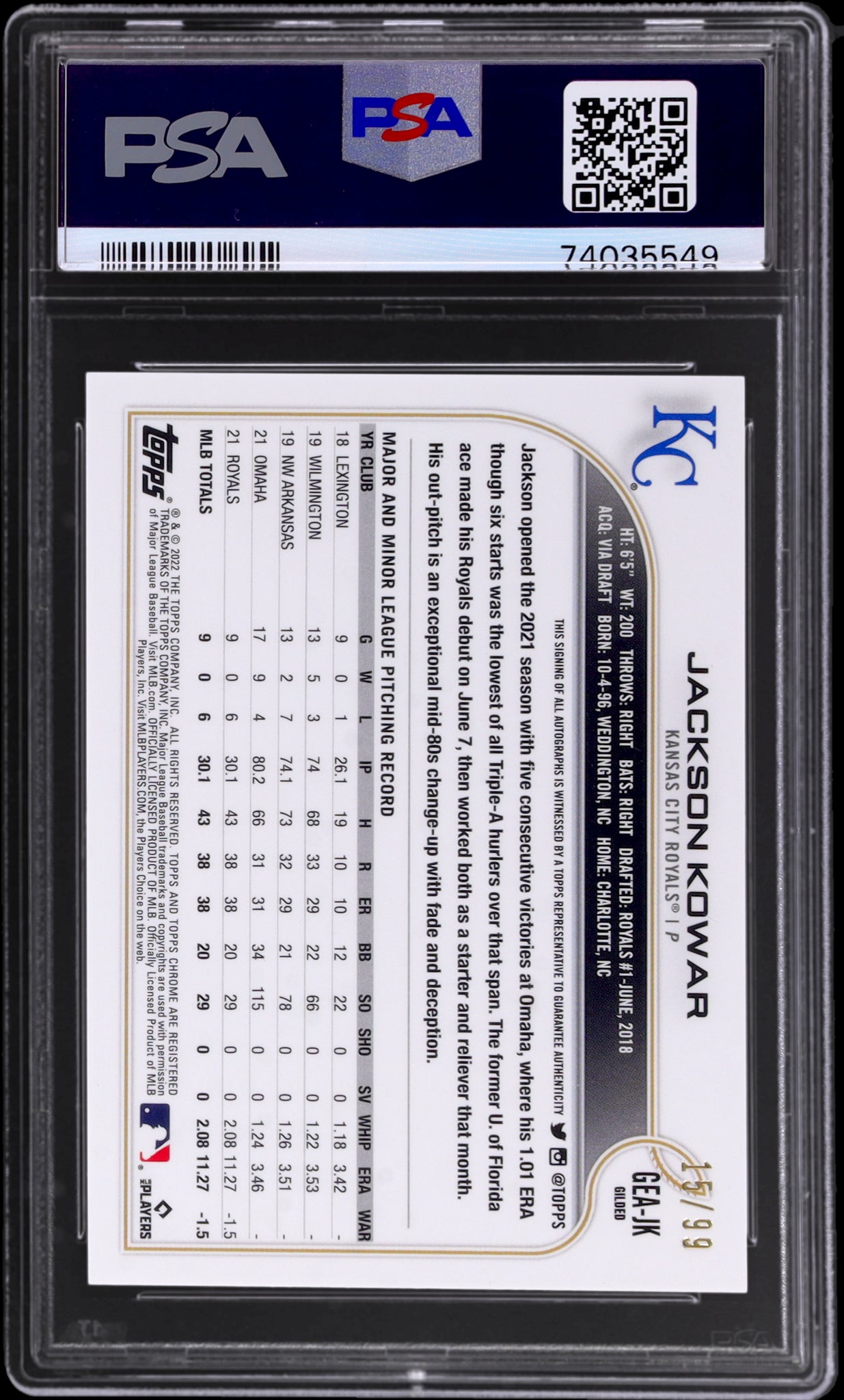 2022 Topps Gilded Collection Chrome Gold Etch Autograph Jackson Kowar /99 PSA 10