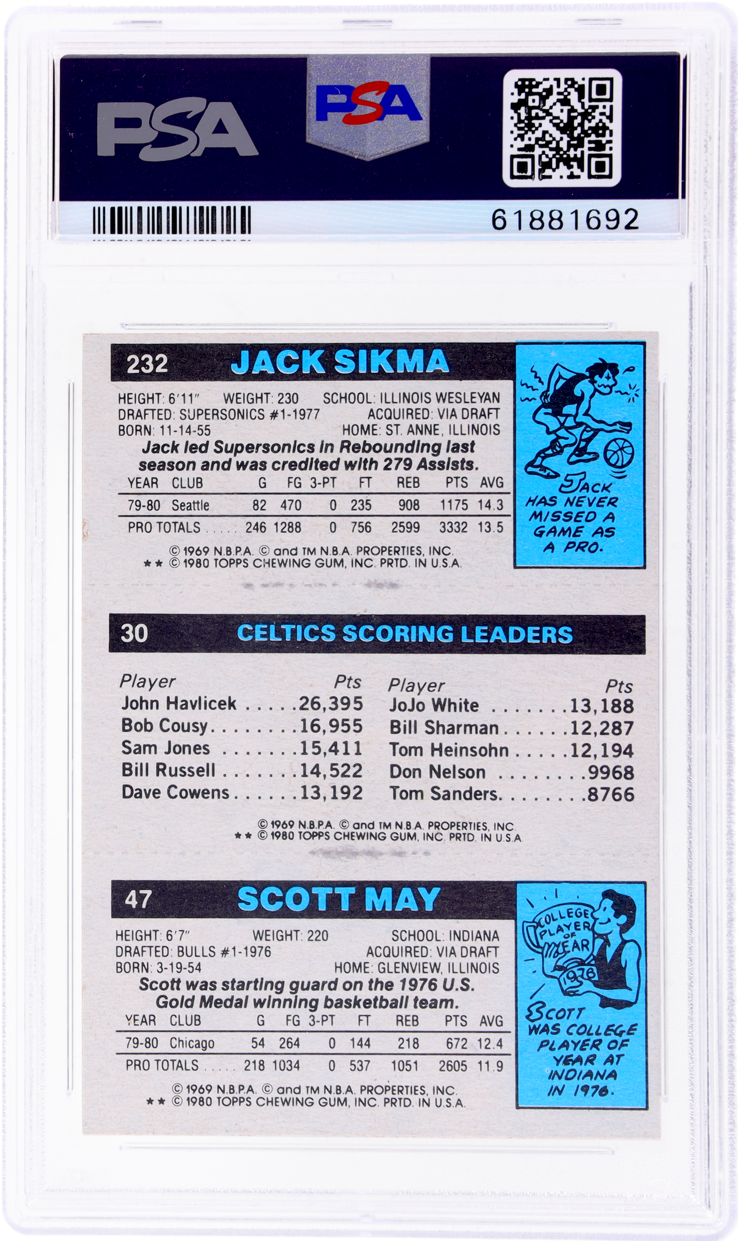 1980 Topps #98 Jack Sikma/Larry Bird/Scott May PSA 6