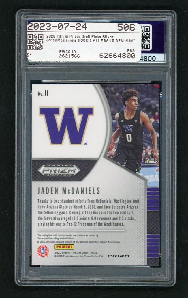 2020 Panini Prizm Draft Picks Silver Prizm Jaden Mcdaniels #11 PSA 10