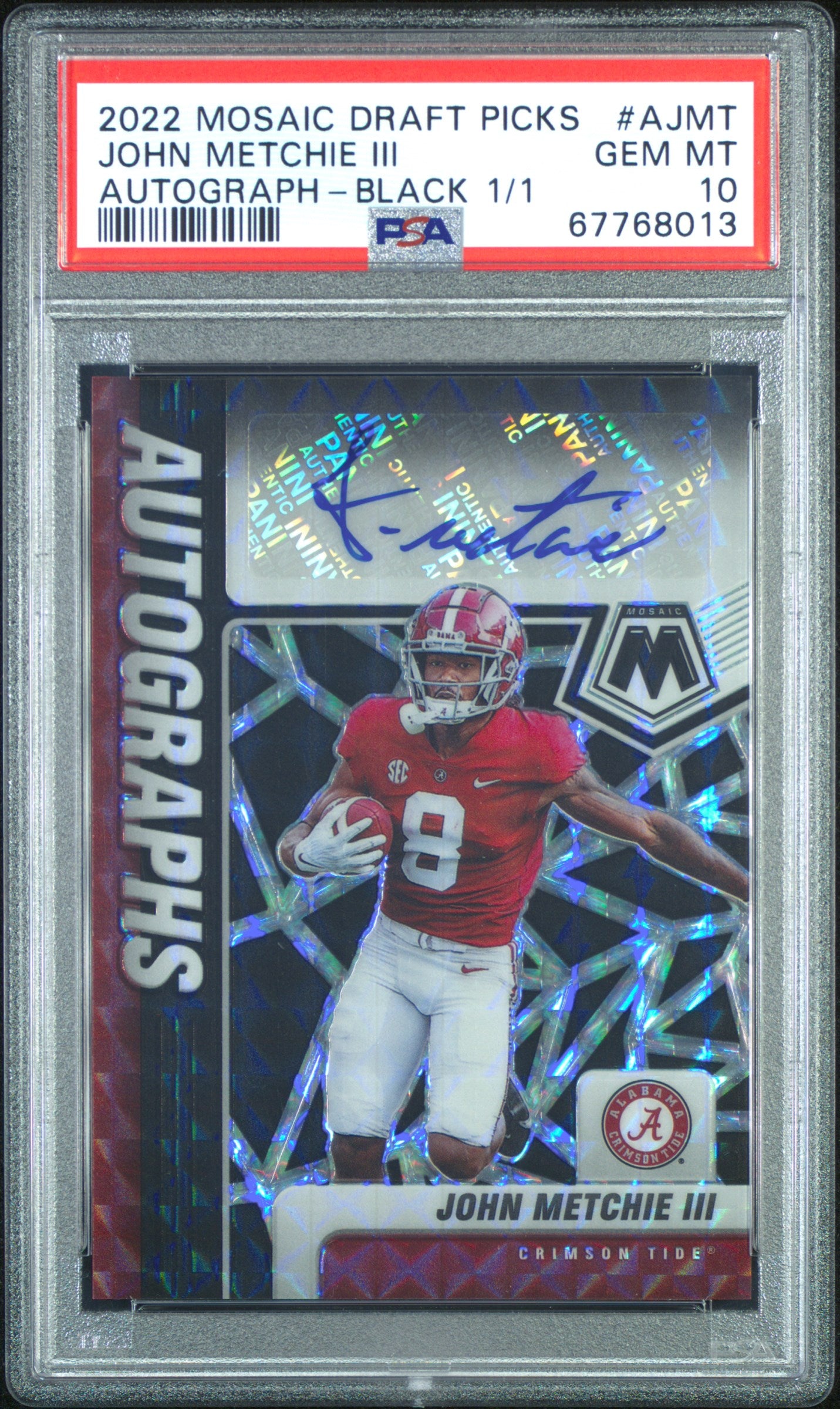 2022 Panini Mosaic Draft Black John Metchie III #A-JMT Auto 1/1 PSA 10