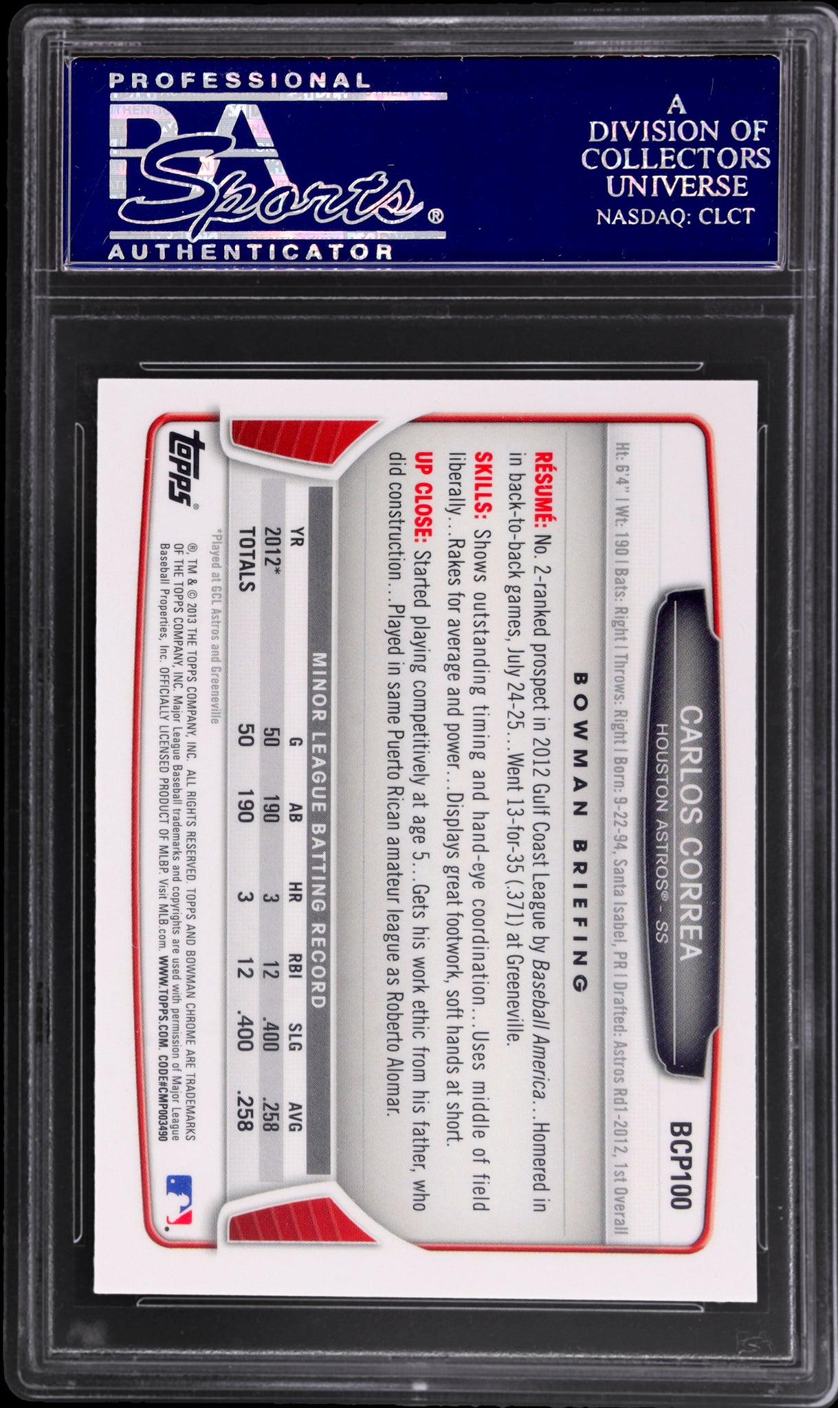 2013 Bowman Chrome Prospect Carlos Correa #BCP100 PSA 10