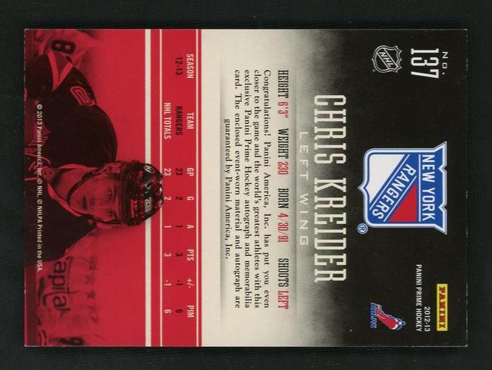 2012 Panini Prime 137 Chris Kreider Rookies Rookie New York Rangers Auto