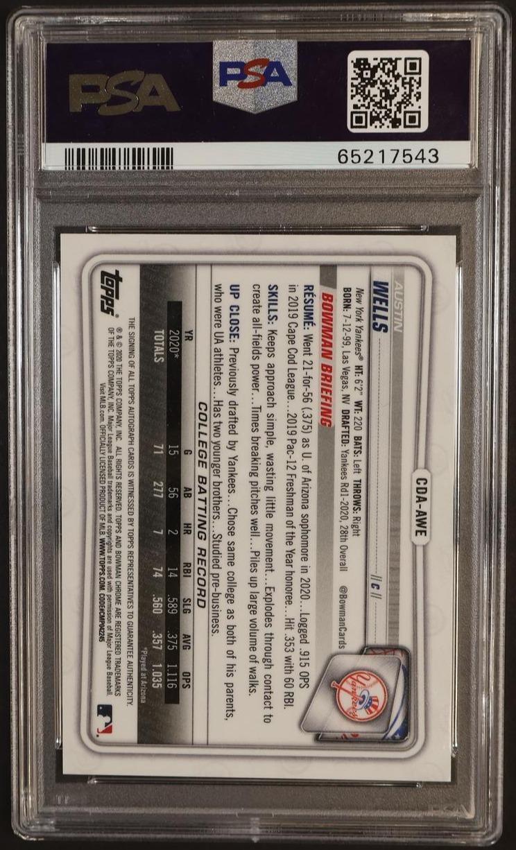 2020 Bowman Chrome Draft Autographs Blue Wave Refractor Austin Wells #CDAAWE /150 PSA 10