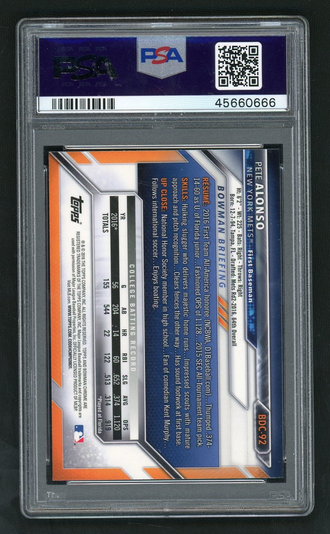 2016 Bowman Draft Chrome Pete Alonso #BDC-92 PSA 10