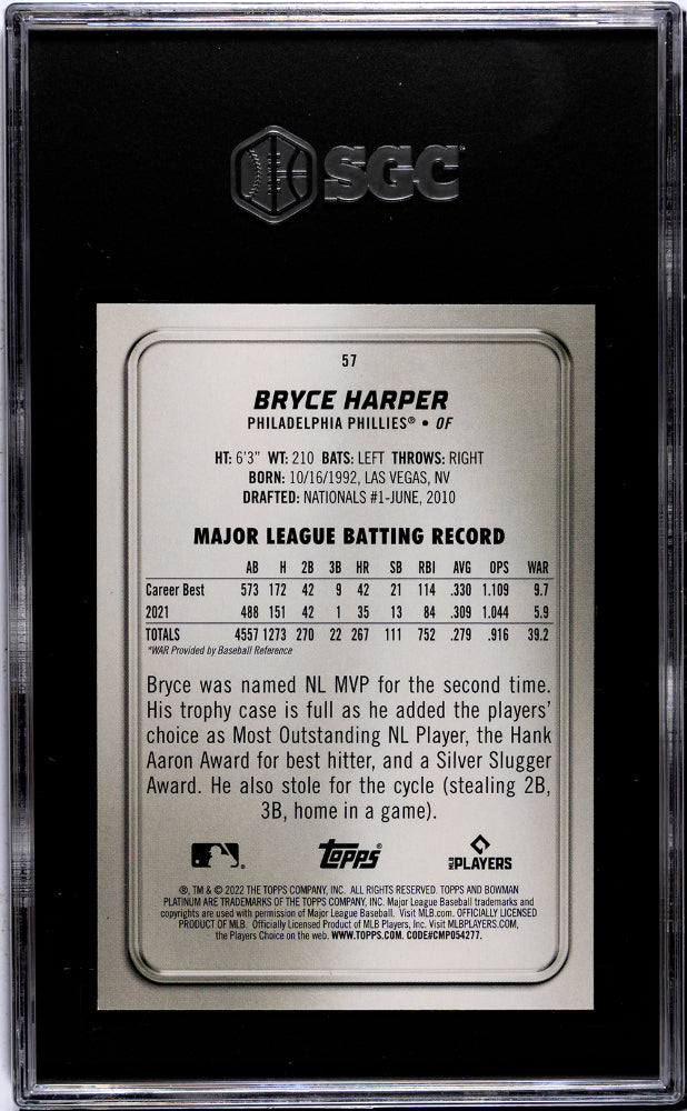 2022 Bowman Platinum #57 Bryce Harper Ice Foilboard SGC 10