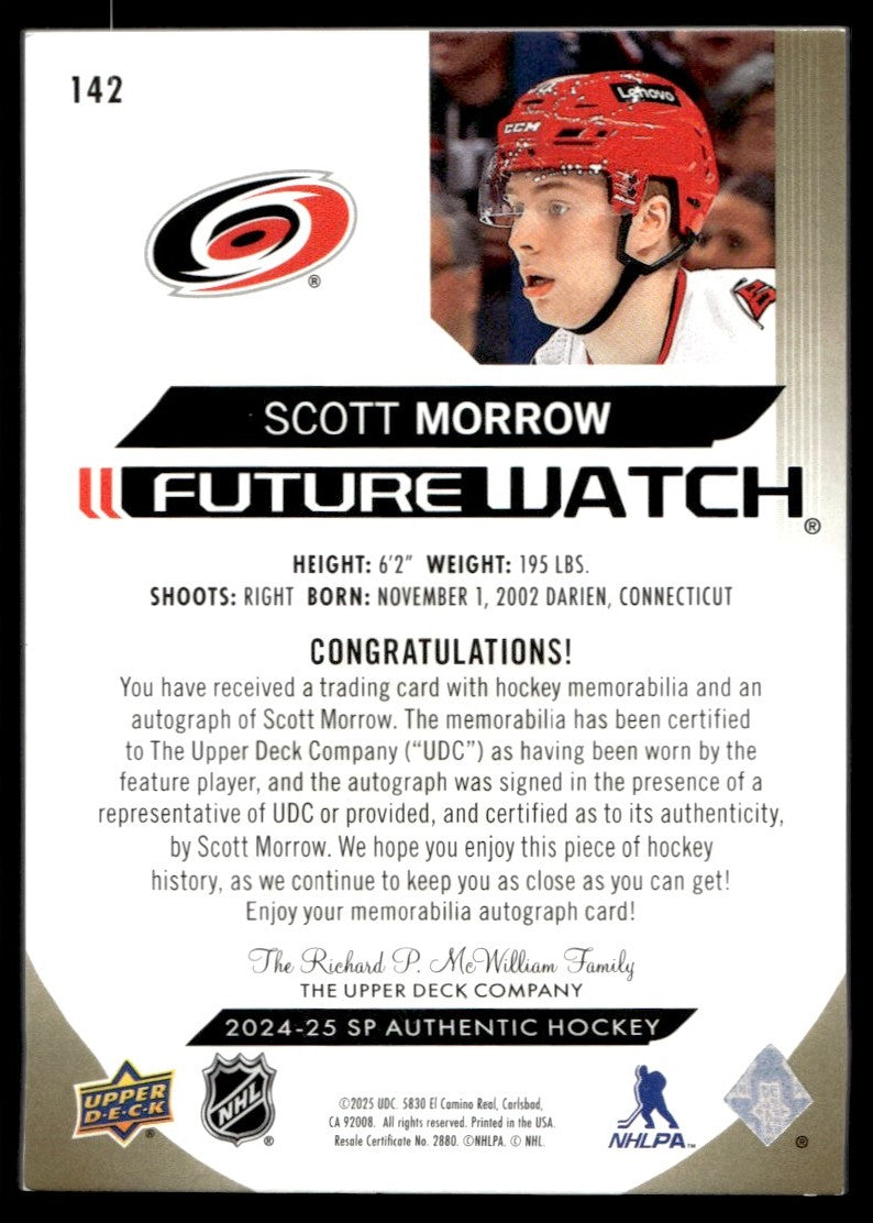 2024 Upper Deck SP Authentic 142 Scott Morrow Future Watch Rookie /100 Hurricanes Auto