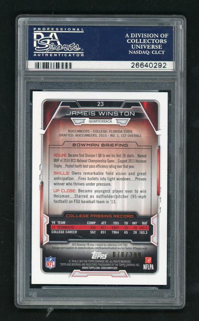 2015 Bowman Rainbow Orange Jameis Winston #R23 /299 PSA 10